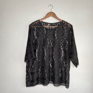 Worthington Women's Plus 1X Blouse Black Lace Half Sleeve Fringe Keyhole Back